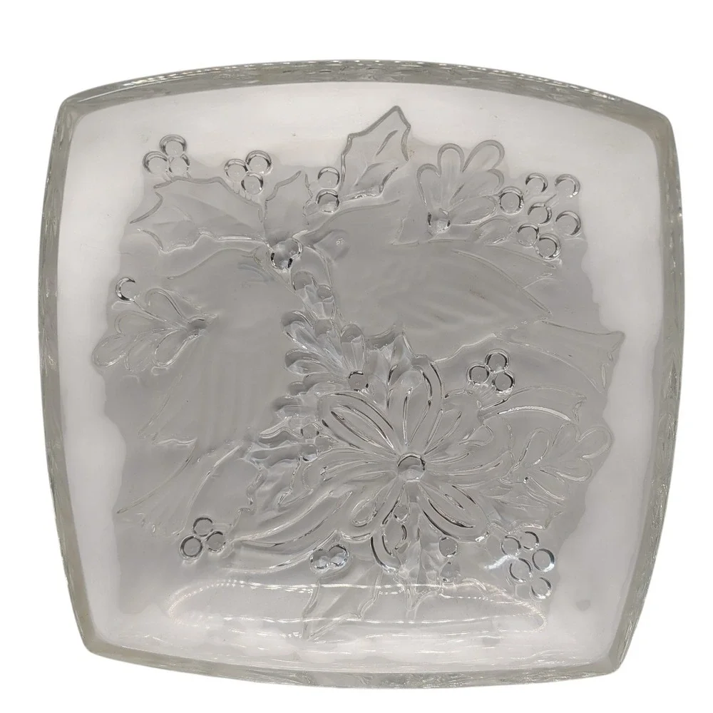 Vintage Gorham Crystal Square Bowl Dish Etched Cardinals Christmas Holly‎ Ribbon